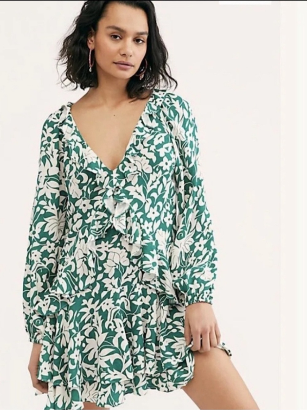 Free People Green and White Floral V-Neck Ruffled Dress Small
